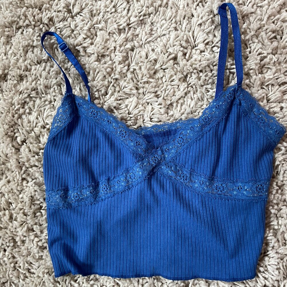 💎SHEIN Blue Lace-Trim Ribbed Bralette Crop Top - Size XS